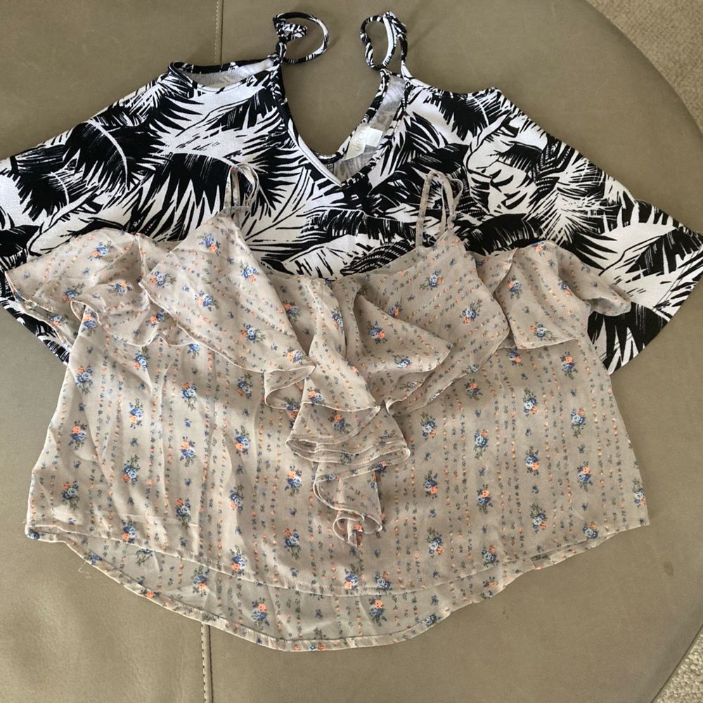 Decree Black and White Leaf Print Crop Blouse with Gray Floral Crop Top